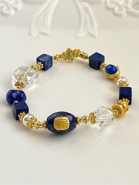 B190-Lapis And Clear Quartz High Quality Handmade Bracelet